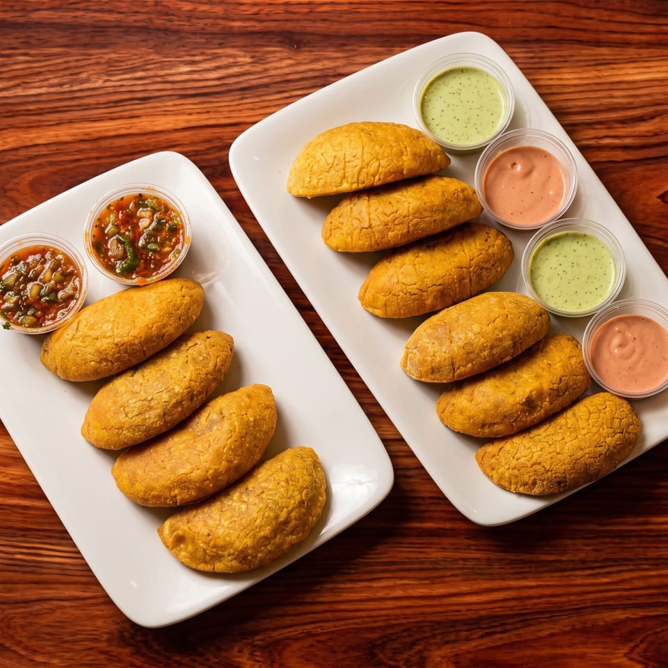 Two plates of golden empanadas with various dipping sauces on a wooden table.